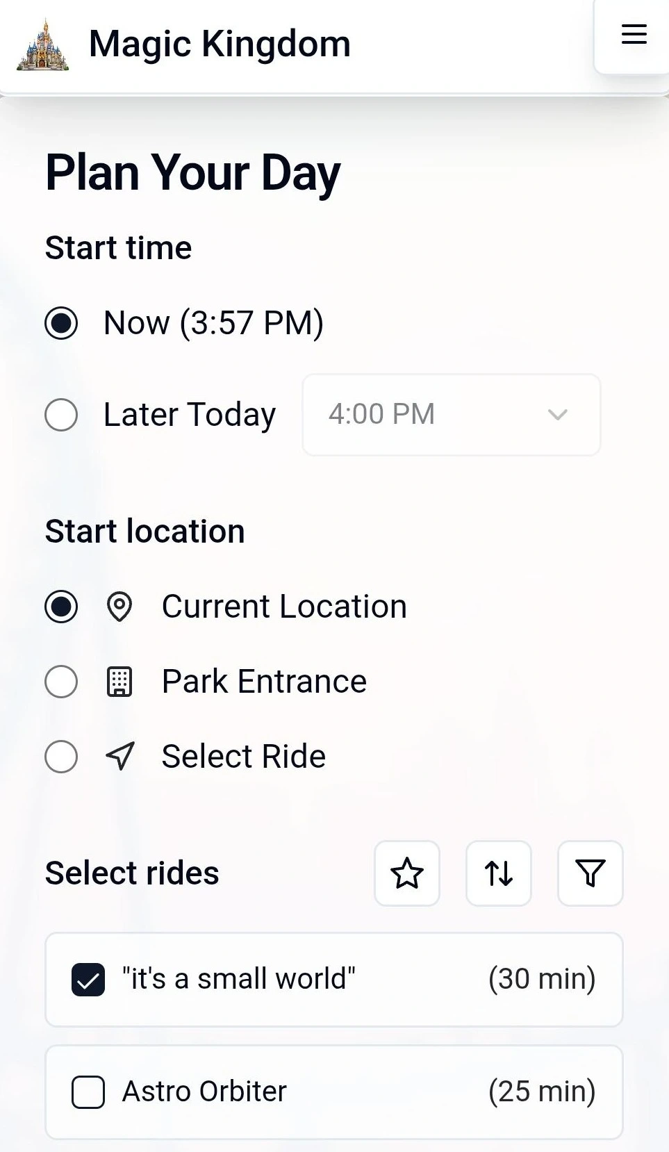 App screenshot showing ride selection